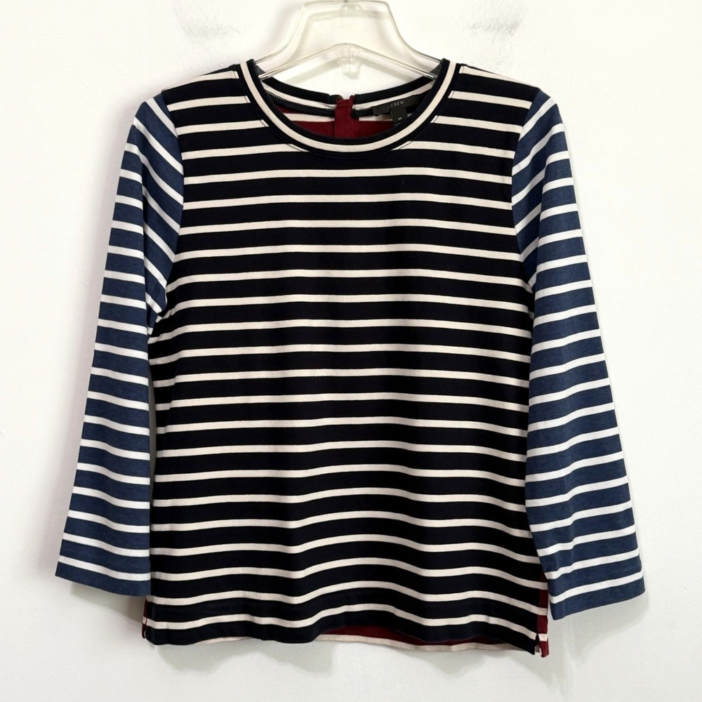 J Crew Striped Colorblock Top M Thick 3/4 Sleeve Back Zip Cotton Navy Red Preppy